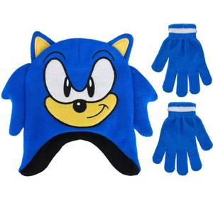 lot 2238 image: Sonic The Hedgehog Kids Beanie Cap and Matching Gloves, Winter Hat with Ears and Quills, Blue, One Size