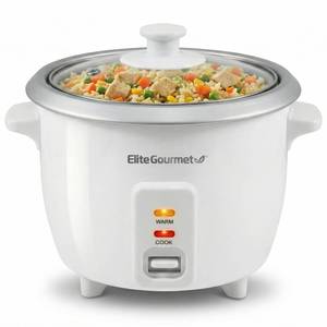 lot 2244 image: Elite Gourmet ERC-003X Electric Rice Cooker with Automatic Keep Warm Makes Soups, Stews, Grains, Hot Cereals, 6 Cups Cooked (3 Cups Uncooked), White