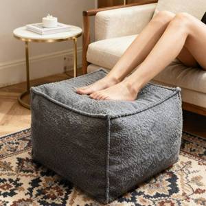 lot 3894 image: Kinevoli Square Boucle Pouf Ottoman Footrest, Soft & Lightweight Footstool with Foam Filling for Living Room & Bedroom, Laid-Back Lounge Style