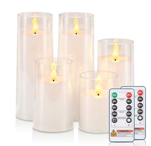 lot 3899 image: Raycare Flameless Candles Battery Operated with Remote Timer, Acrylic Flickering LED Pillar Candle for Valentines Day, Home Decor, Gift for Family and Friend, White, Set of 5