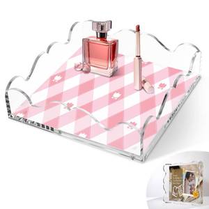 lot 4132 image: Acrylic Scalloped Tray with Magnetic Mat for Display- 8x8 Inch Customizable Personalized Organizer for Photos, Art and Messages, Clear Serving Tray for Bathroom Vanity, Home, Office Desk Decor