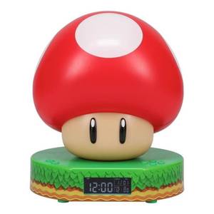 lot 4144 image: Paladone Super Mario Bros Mushroom Digital Alarm Clock with Power Up Game Sound and Night Light Glow, Licensed Nintendo Lamp for Kids Themed Bedroom and Bedside - 13.7 cm