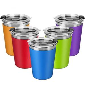 lot 4155 image: Kids Stainless Steel Cups, 12oz Kids Metal Drinking Glasses with Lids and Sleeves, Unbreakable Spill Proof Cups for Kid and Adult, Stacking Sippy Cups for Hot Chocolate & Cold Drinks 5Pack