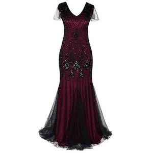 lot 4163 image: Women Vintage 1920s Fringed Flapper Gatsby Beaded Sequins Art Deco Evening Party Dress Sexy V Neck Mermaid Hem Cocktail Formal Plus Size Maxi Long Prom Gown with Sleeve Black  Red X-Large