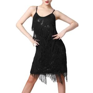lot 4170 image: Women Salsa Latin Dance Dress Ballroom Dance Costume Sequin Tassel Fringe Flapper Dress 1920s Gatsby Party Spaghetti Straps Roaring 20s Cocktail Dress Rhythm Tango Cha Cha Rumba Dress Black XX-Large