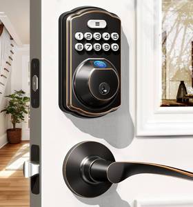 lot 4198 image: Veise Fingerprint Door Lock with 2 Lever Handles - Keyless Entry Door Lock, Electronic Keypad Deadbolt, Digital Smart Code & Front Handle Sets, Auto-Locking, Easy Installation, Oil Rubbed Bronze