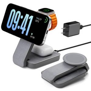 lot 4217 image: Eazpower 3 in 1 Foldable Wireless Charging Station for MagSafe, Nightstand Magnetic Charger Stand for iPhone 17 16 15 14 Pro Max, Travel Charging Dock with Night Light for Apple WatchAirPods (Gray)