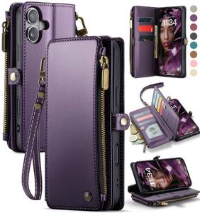 lot 4227 image: Defencase Compatible with iPhone 16 Plus Case Wallet with RFID Blocking Card Holder for Women Men, Soft PU Leather Magnetic Snap Flip Zipper Strap Wallet Phone Case Fit for iPhone 16 Plus 6.7, Purple