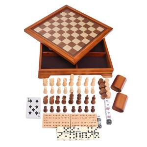 lot 5790 image: GSE Games & Sports Expert Wooden 7-in-1 Chess, Checkers, Backgammon, Dominoes, Cribbage Board, Playing Card & Poker Dice Game Combo Set (Deluxe)