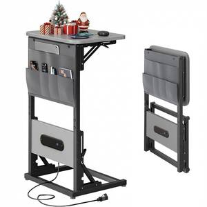 lot 5817 image: HLDIRECT C Shaped End Table with Charging Station, Couch Side Table with Storage Bag, Foldable TV Tray with 2 USB Ports and Outlets for Living Room, Bedroom, Gray