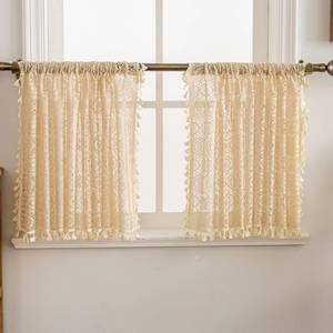 lot 6082 image: YJ YANJUN Boho Cafe Curtains 24 inch Length 2 Panels,Each 59 W x 24 L, Beige Crochet Kitchen Window Curtains Over Sink Farmhouse Mini Tier Curtain Panels for Laundry Room Basement Bathroom RV