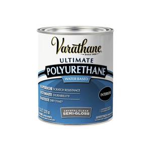 lot 6432 image: Varathane Water-Based Crystal-Clear Ultimate Polyurethane  Interior Wood Protection  Fast Dry Time  Easy Clean Up  Semi-Gloss  Quart can dented on the side