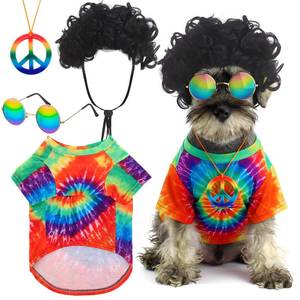 lot 6437 image: Kinlop 4 Pcs Hippie Dog Costume Halloween Pet Costume Accessories Includes 60s 70s Colorful Tie Dye T-Shirt Funky Wig Peace Sign Necklace and Sunglasses for Party Dress up(Medium)