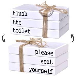 lot 6442 image: Restroom Bathroom Decor for Shelves, Funny Wooden Farmhouse Mini Book Stack for Bathroom Toilet Shelf Sign Decor Two-Sided Tabletop Decorative Set of 3 (white)