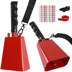 lot 6455 image: cyrico Cow Bells for Sporting Events, 2 Pack 10 Inch Cowbell with Handle, Metal Loud Noise Makers for Football Games, Large Red Cheering Hand Bell Chimes Alarm School Musical Percussion Instruments