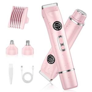 lot 6477 image: 4-in-1 Bikini Trimmer for Women, Dual Head Electric Razors Shaver  Painless Bikini, Body & Facial Hair Remover  IPX7 Waterproof for WetDry Use  Includes Nose & Eyebrow Trimmer Heads(Pink)