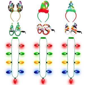 lot 6490 image: 9PCS Christmas Party Favors, Light Up Christmas Necklace Headband Glasses Set, Xmas Bulb Necklace Antler Tree Lights Holiday Headbands LED Flashing Glow Santa Eyeglasses Bulk for Christmas Gift