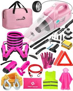 lot 9407 image: vioview Roadside Emergency Car kit for Vehicles, with 4 in 1 Inflatable Car Vacuum Cleaner, Pink Jumper Cables, First Aid Kit, Tow Rope, Vehicle Road Trip Must Haves Pink Accessories for Women