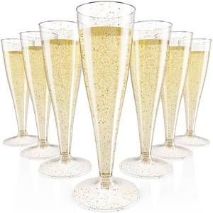 lot 9419 image: JOLLY CHEF 100 Pack Plastic Champagne Flutes Disposable 4.5 oz Gold Glitter Plastic Champagne Glasses for Wedding, Thanksgiving Day, Christmas