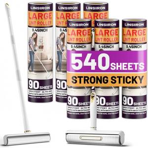 lot 9421 image: LINSIRON Large Lint Roller Pet Hair Remover 540 Adhesive Sheets Rollers 9.45 Extra Sticky Dog Cat Adjustable Handle 7.9-47.6 Inch, 6 Replaceable Rolls 90 Sheets Each, 3 Extension Rods for 4 Heights