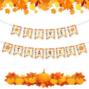 lot 10034 image: Give Thanks Banner - Happy Thanksgiving Decorations Banners, Fall Maple Leaf Pumpkin Sign Garland Backdrop Banner for Thanksgiving Party Supplies Favors Indoor Outdoor Home Office Wall Door Decor