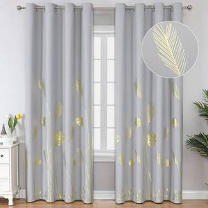 lot 10040 image: Estelar Textiler Light Grey Blackout Curtains 108 Inches Long, Gold Palm Tree Pattern Light Gray Curtains, Light Blocking Thermal Insulated Grommet Window Drapes for Bedroom, 52Wx108L, 2 Panels