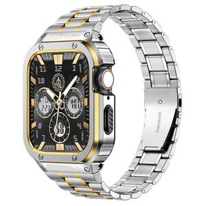 lot 10043 image: MioHHR Stainless Steel Watch Band with Case Compatible with Apple Watch Series 987(45mm),Rugged Strap with Metal Protective Bumper Cover for iWatch Band Men(SilverGold)
