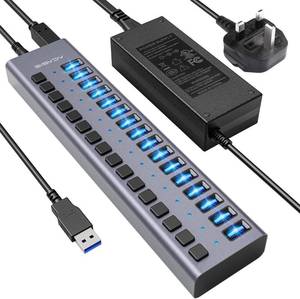 lot 10064 image: 90W Powered USB Hub - ACASIS 16 Ports USB 3.0 Data Port, Aluminum Housing, Individual OnOff Switches, 12V7.5A Power Adapter, USB Splitter for Laptop, PC, Computer, Printer