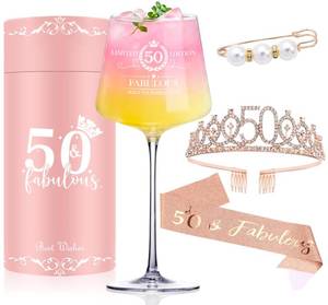 lot 10065 image: Cyrelwing 50TH Birthday Gifts for Women,Vintage Engraved 50th Wine Glass,50 Year Old Birthday Decorations For Her,50&Fabulous Sash and Tiara For Women,Friends,Sister-Turning 50th Party Favor Supplies