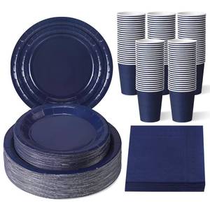 lot 11173 image: Tioncy 200 Pcs Navy Blue Disposable Paper Plates Cups and Napkins Party Supplies Serve 50 Guests Disposable Paper Dinnerware Set for Birthday Wedding Baby Shower Family Picnic