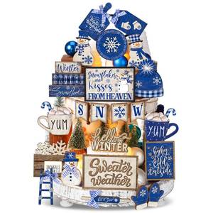 lot 12382 image: CroBlissful 23 Pcs Winter Tiered Tray Decor Snowman Farmhouse Decor Christmas Tiered Sign Winter Table Centerpieces Snowman Wood Blocks Signs for Home Shelf, Without Tray(Blue,Snow)