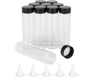 lot 12424 image: Kesell 10 Pack 40ml Vial Clear Glass Sample Bottles Empty Reusable Liquid Vials with Plastic Screw Cap and 5 Funnels