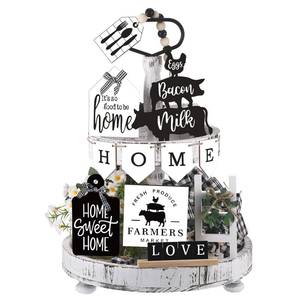 lot 12428 image: FairySandy Set of 11 Home Tiered Tray Decor Spring Welcome Rustic Farmhouse Tiered Tray Decorations Set Home Wooden Signs Vintage Farm Animal Farmhouse Tabletop Wood Sign for Kitchen Table Shelf Decor