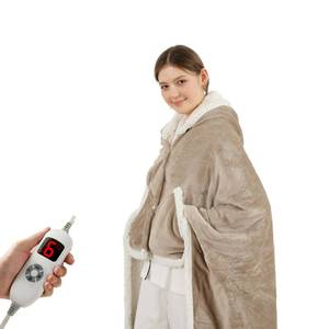 lot 13470 image: COZYTY Heated Blanket Wearable Shawl Electric Throw, Heated Wrap with Pockets, Poncho Blanket Hoodie for Adult, 6 Heat Settings & 1-4H Timer Auto Off, Gift, 50  64, Camel