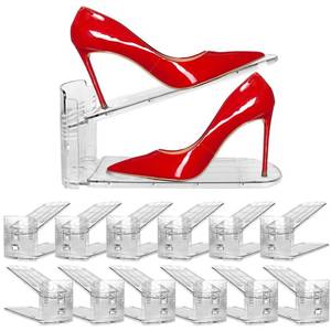lot 13472 image: 12 Pack Clear Shoe Slots Organizer - Adjustable Height 3.7to 7.7 Shoe stackers for a pair of shoes ,Shoe rack storage shoe space saver 50%,Easy to assemble shoe hold shoe organizer for cloest
