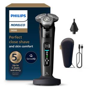 lot 13486 image: Philips Norelco Shaver i9000, Wet & Dry Electric Shaver, Ink Black, SenseIQ Technology, Triple Lift & Cut System, 360 Rotating Dual SteelPrecision Precision Blades, Nose Trimmer, Model X900090
