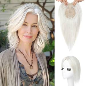 lot 14062 image: Flufymooz 100% Real Human Hair Toppers for Women, 10 Inch Clip in Human Hair Topper for Thinning Hair, 360°3D Cover Clip in Bangs Natural Hairpiece With 4.5 x 3 Silk Base-Silver White