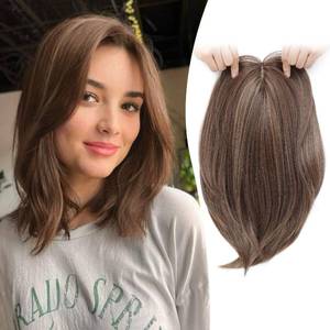 lot 14092 image: Ms Taj 12 Inch Hair Topper for Women with Thinning Hair, 6.5x6.5 Large Base Synthetic Hair Topper with Bangs, Ladies-Dark Golden Brown with Highlights