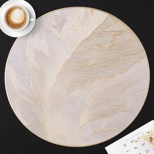 lot 14107 image: FAVE 6PCS Round Placemats Feather Pressed Vinyl Placemats Set of 6 Slip Resistant Table Mats Wipeable Gold Placemats for Wedding, Banquet, Birthday, Party, Restaurant Decorations(15IN,Feather)