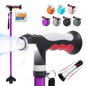 lot 14108 image: BigAlex Folding Walking Cane with Two Led Lights for Elderly Solid Base Adjustable Walking Stick with Carrying Bag for Men Women