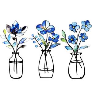 lot 14120 image: KIROYAL 3 Pcs Metal Vase Wall Arts,Iron Art Painting,Rustic Farmhouse Decor Minimalist Flower Wall Decor for Bedroom Bathroom Living Room Dining Room(Blue, Vase-D)