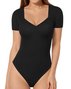 lot 14126 image: MANGOPOP Sweetheart V Neck Bodysuits for Women Long Short Sleeve Body Suits Tops Shirt, Short Sleeve Black, Medium
