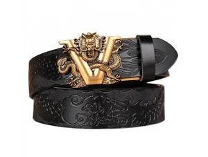 lot 14128 image: Lyqqine Mens Ratchet Leather Belt Engraved Vintage Dragon Eagle Tiger Buckle Business leisure belt 49 Trim To Fit 1 38(Black Dragon 2)