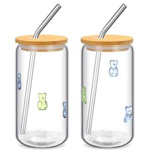 lot 14152 image: Honeydak 2 Pcs Bear Icon Juice Glass Tumbler with Lid & Straw - 18 oz Candy Bear Drinking Glasses Coffee, Beer, Soda, Juice Cups for Halloween Christmas Party Supplies Gifts