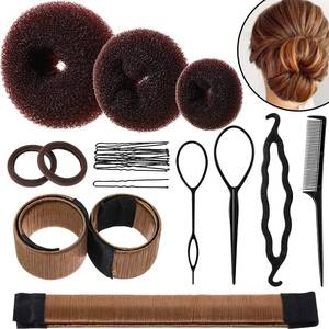 lot 14193 image: WILLBOND Hair Bun Shaper Set, 3 Pcs Hair Donut, 2 Pcs Bun Marker, 4 Pieces Ponytail Tool, 10 Pieces Bobby Pins and 2 Elastic Bands, Hairs Styling Accessories Maker Kit for Women(Brown��