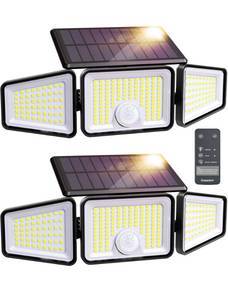 lot 14213 image: Ensenior Solar Lights Outdoor Motion Sensor, 2600LM 220 LED High Brightness, 3 Head 270° Wide Angle Flood Lights, Remote Control Security Lights 4 Modes, IP65 Waterproof Wireless Wall Light, 2 Pack