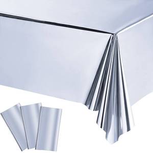 lot 14216 image: Tatuo 3 Pieces Foil Party Rectangular Table Covers Table Cloth 54 x 108 Inch Shiny Plastic Waterproof Tablecloth Party Desk Cover for Wedding Anniversary Engagement (Silver)