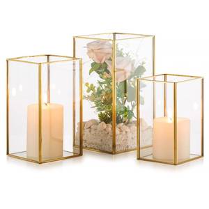 lot 15373 image: Nuptio Glass Hurricane Candle Holder Set of 3 Gold Pillar Candle Holders Large Rectangular Candleholder Table Centerpieces Decoration for Wedding Christmas Holiday Home Ornaments 9.5 & 8.1 & 6.5 inch