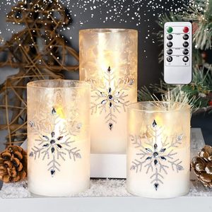 lot 15400 image: Immeiscent Christmas Flameless Candles, Jeweled Snowflake Iced Glass Candle, LED Flickering Pillar Candle with Timer&Remote for Xmas,Home Decor,Holiday,Set of 3 (D 3�� X H 4�� 5�� 6��)