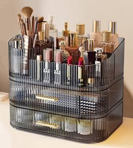 lot 15408 image: SpaceLuxe Makeup Organizer with Drawers and 360° Rotating Brush Holder, Large Capacity Cosmetic Storage for Vanity, Skincare, Perfume, Hair Accessories, Lipstick & Jewelry (Transparent Gray, 3-layer)